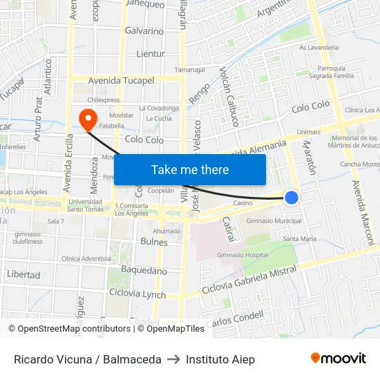 Ricardo Vicuna /  Balmaceda to Instituto Aiep map