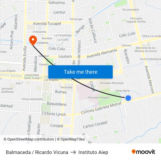 Balmaceda /  Ricardo Vicuna to Instituto Aiep map