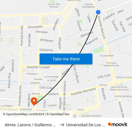 Almte. Latorre /  Guillermo Marconi to Universidad De Los Lagos map
