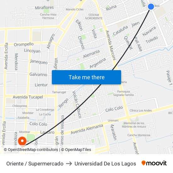 Oriente / Supermercado to Universidad De Los Lagos map