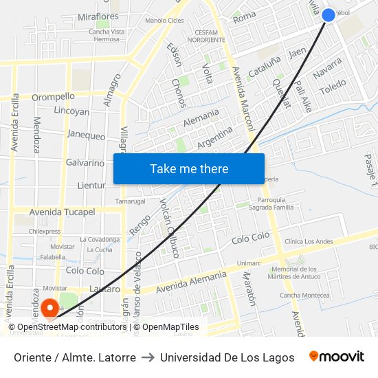 Oriente /  Almte. Latorre to Universidad De Los Lagos map