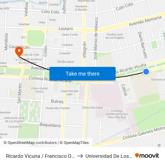 Ricardo Vicuna /  Francisco De Aguirre to Universidad De Los Lagos map