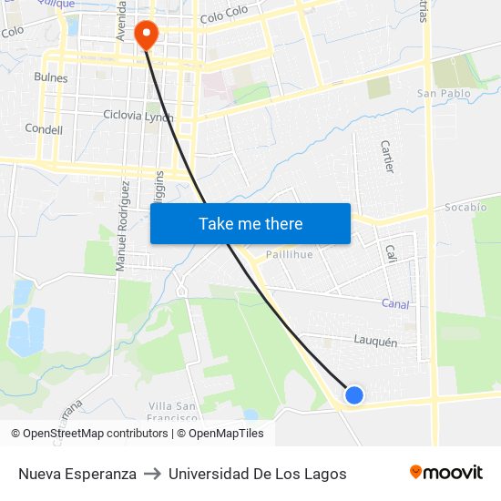 Nueva Esperanza to Universidad De Los Lagos map