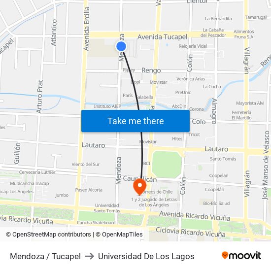 Mendoza /  Tucapel to Universidad De Los Lagos map