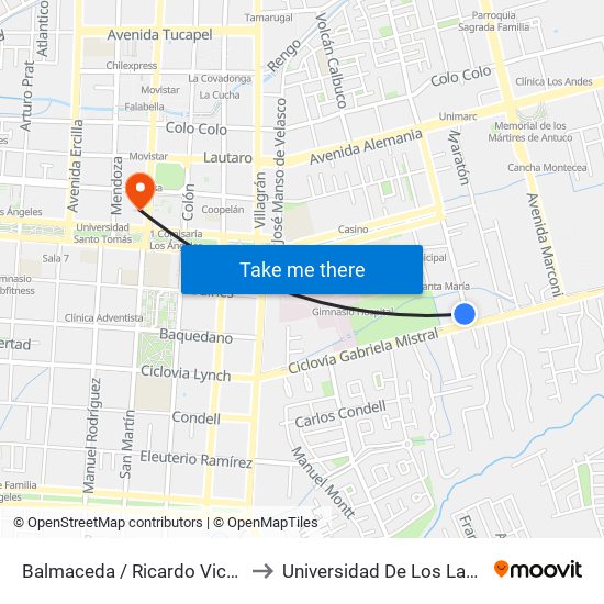 Balmaceda /  Ricardo Vicuna to Universidad De Los Lagos map