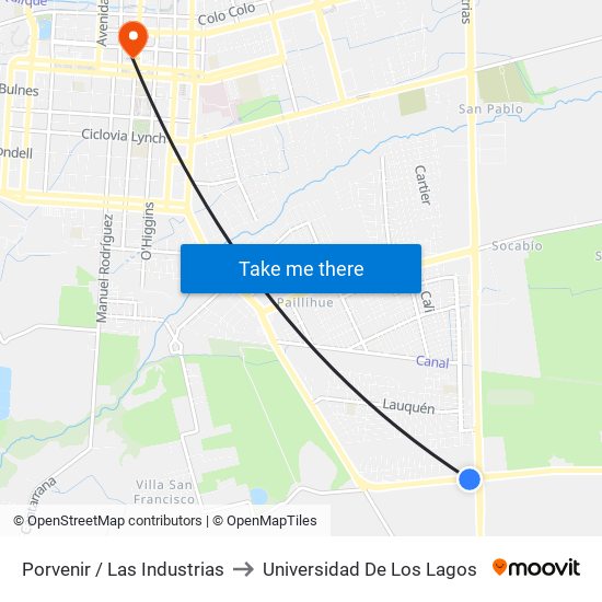 Porvenir / Las Industrias to Universidad De Los Lagos map