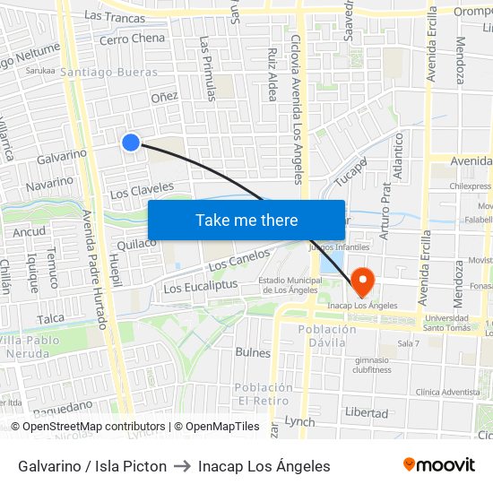Galvarino / Isla Picton to Inacap Los Ángeles map