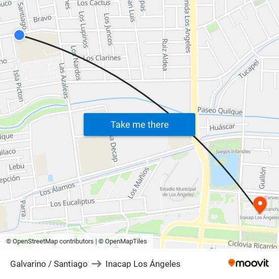 Galvarino /  Santiago to Inacap Los Ángeles map