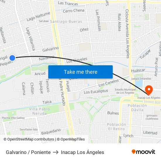 Galvarino /  Poniente to Inacap Los Ángeles map