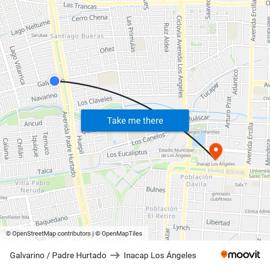 Galvarino /  Padre Hurtado to Inacap Los Ángeles map