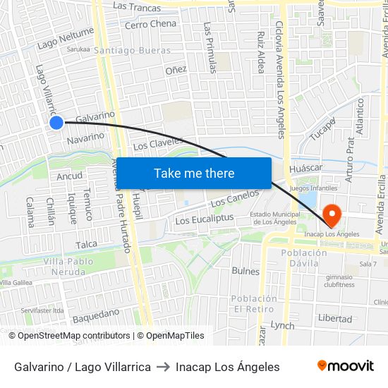 Galvarino /  Lago Villarrica to Inacap Los Ángeles map