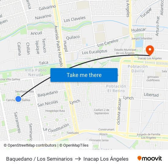 Baquedano /  Los Seminarios to Inacap Los Ángeles map