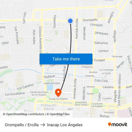 Orompello /  Ercilla to Inacap Los Ángeles map