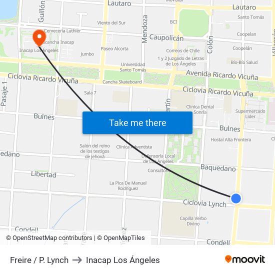 Freire /  P. Lynch to Inacap Los Ángeles map