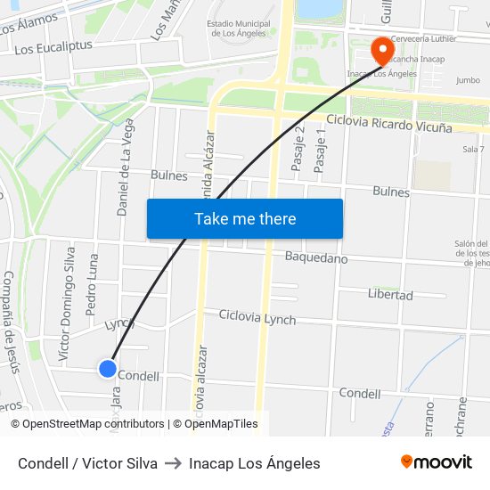 Condell /  Victor Silva to Inacap Los Ángeles map
