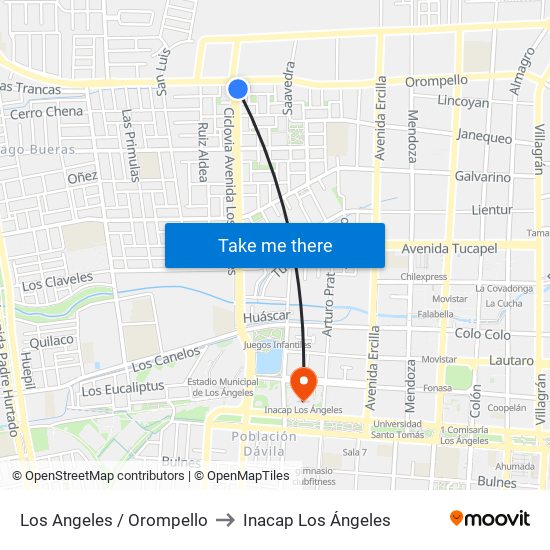 Los Angeles /  Orompello to Inacap Los Ángeles map