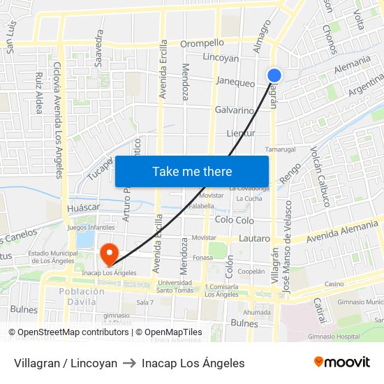 Villagran /  Lincoyan to Inacap Los Ángeles map