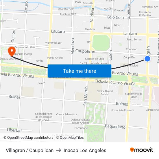 Villagran /  Caupolican to Inacap Los Ángeles map