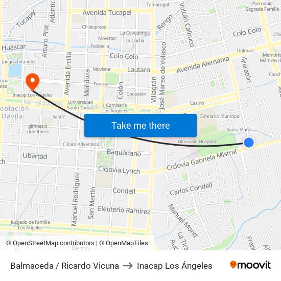 Balmaceda /  Ricardo Vicuna to Inacap Los Ángeles map