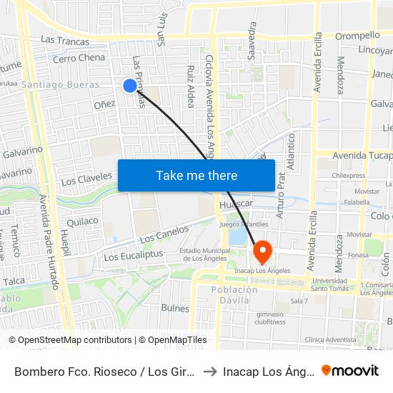 Bombero Fco. Rioseco /  Los Girasoles to Inacap Los Ángeles map