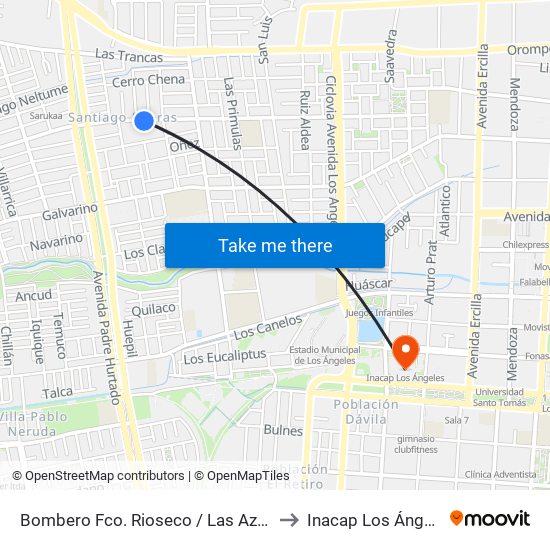 Bombero Fco. Rioseco /  Las Azaleas to Inacap Los Ángeles map