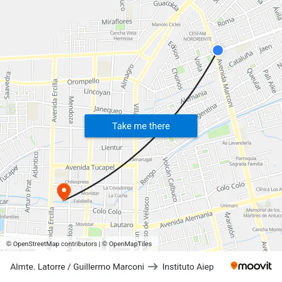 Almte. Latorre /  Guillermo Marconi to Instituto Aiep map