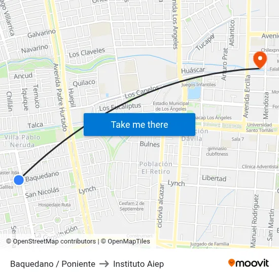Baquedano /  Poniente to Instituto Aiep map