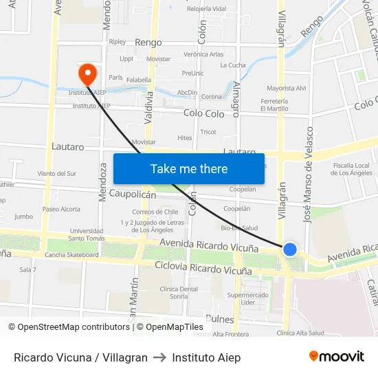 Ricardo Vicuna /  Villagran to Instituto Aiep map