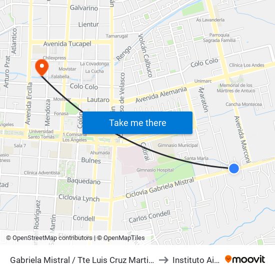 Gabriela Mistral /  Tte Luis Cruz Martinez to Instituto Aiep map