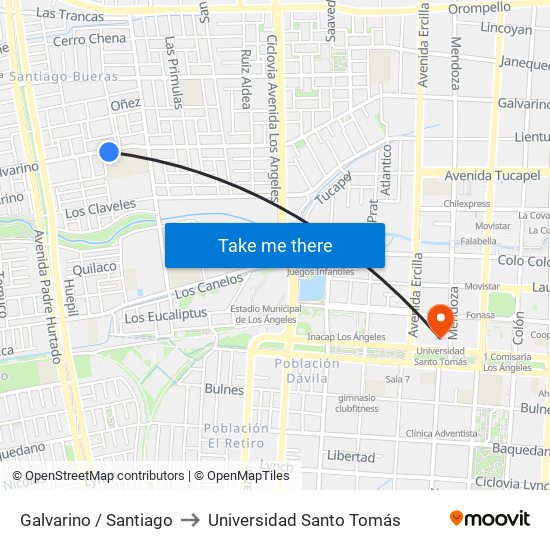 Galvarino /  Santiago to Universidad Santo Tomás map