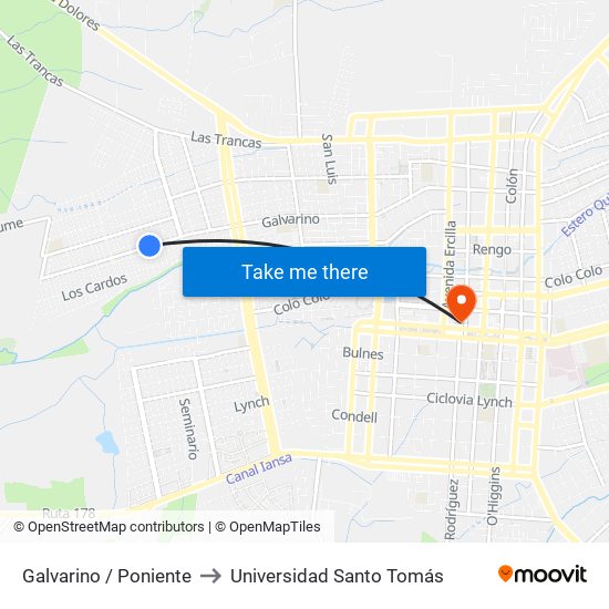 Galvarino /  Poniente to Universidad Santo Tomás map