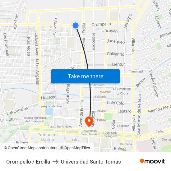 Orompello /  Ercilla to Universidad Santo Tomás map