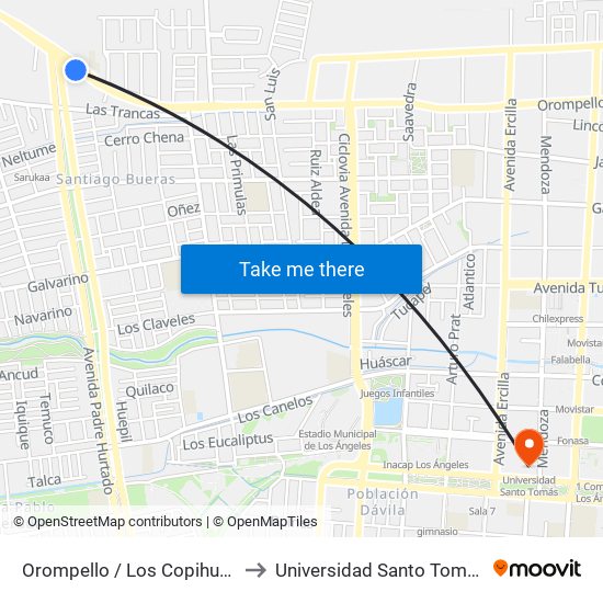Orompello /  Los Copihues to Universidad Santo Tomás map
