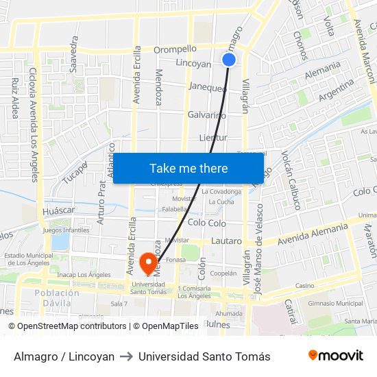 Almagro /  Lincoyan to Universidad Santo Tomás map