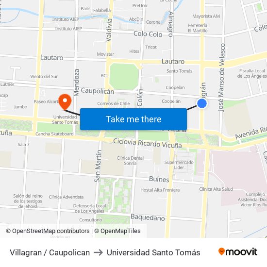 Villagran /  Caupolican to Universidad Santo Tomás map