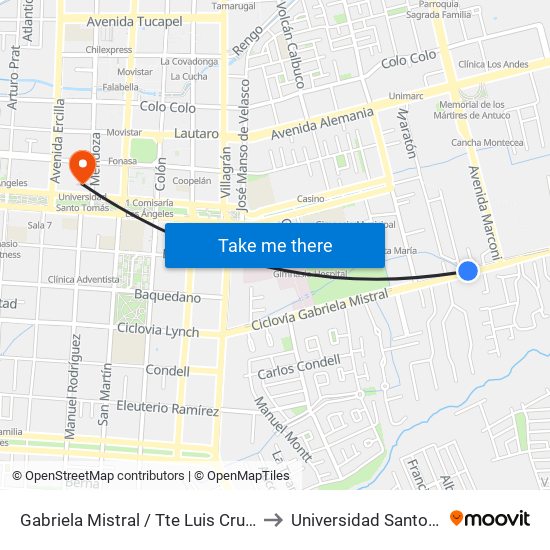 Gabriela Mistral /  Tte Luis Cruz Martinez to Universidad Santo Tomás map