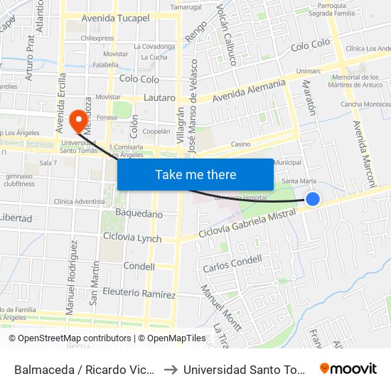 Balmaceda /  Ricardo Vicuna to Universidad Santo Tomás map