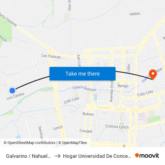 Galvarino /  Nahuelbuta to Hogar Universidad De Concepción map