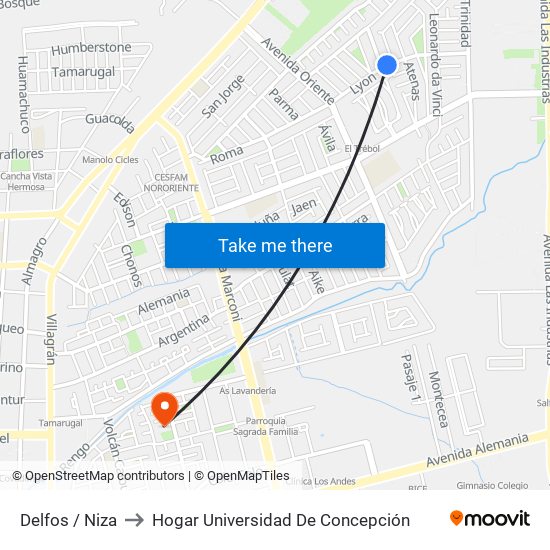 Delfos /  Niza to Hogar Universidad De Concepción map