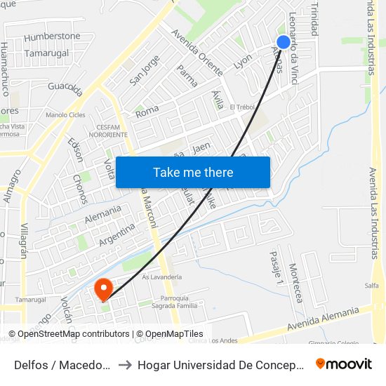 Delfos /  Macedonia to Hogar Universidad De Concepción map
