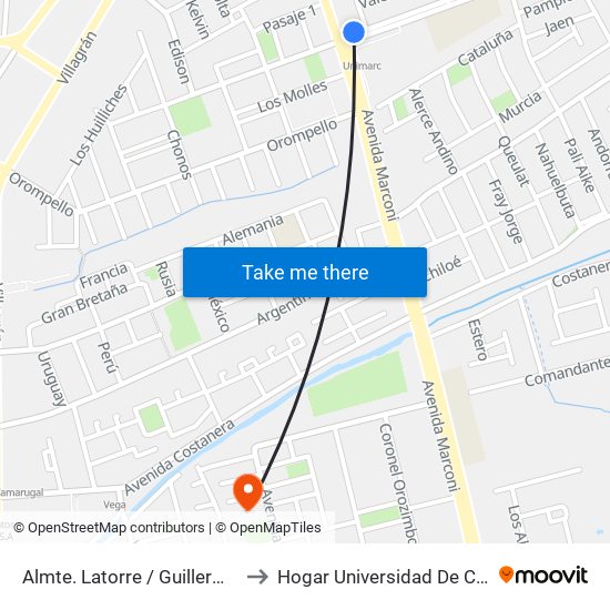 Almte. Latorre /  Guillermo Marconi to Hogar Universidad De Concepción map