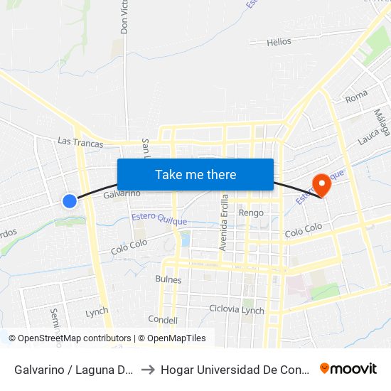 Galvarino /  Laguna Del Laja to Hogar Universidad De Concepción map