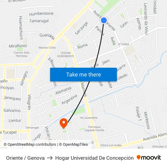 Oriente /  Genova to Hogar Universidad De Concepción map