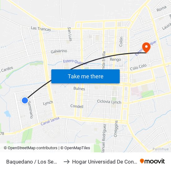 Baquedano /  Los Seminarios to Hogar Universidad De Concepción map