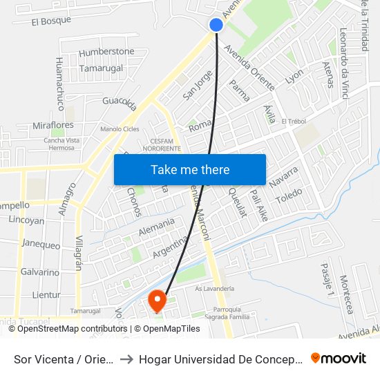 Sor Vicenta /  Oriente to Hogar Universidad De Concepción map
