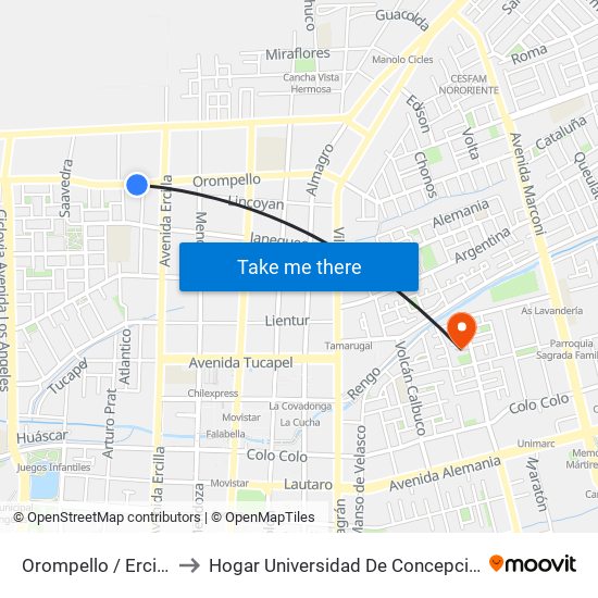 Orompello /  Ercilla to Hogar Universidad De Concepción map