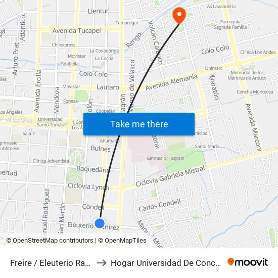 Freire /  Eleuterio Ramirez to Hogar Universidad De Concepción map