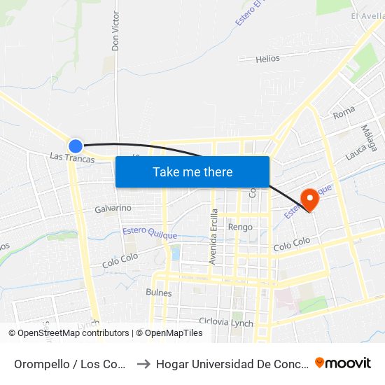 Orompello /  Los Copihues to Hogar Universidad De Concepción map