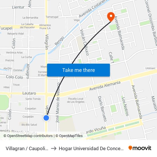 Villagran /  Caupolican to Hogar Universidad De Concepción map