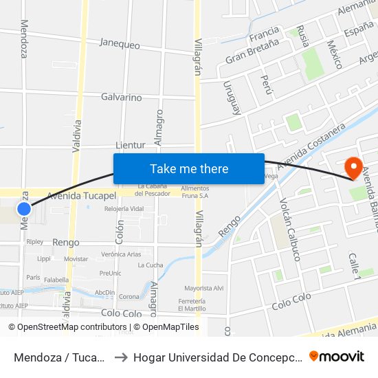 Mendoza /  Tucapel to Hogar Universidad De Concepción map